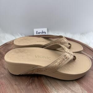 Vionic Hightide Sandals Womens Size 6 Beige Cork‎ Wedge Flip Flop 380 TVW4895